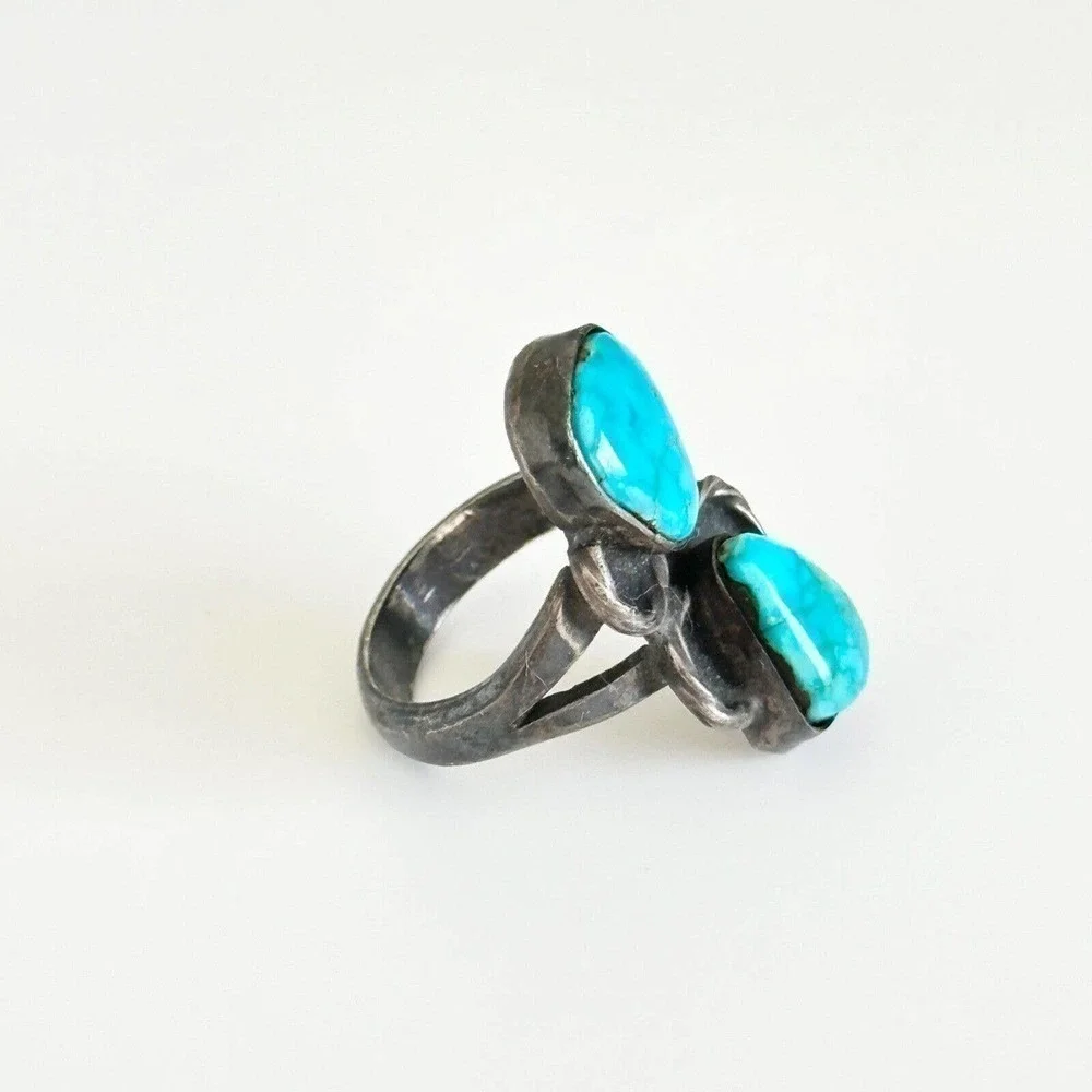 Vintage 925 Sterling Silver Turquoise Oxidized Darkened Band Ring Size 5.5